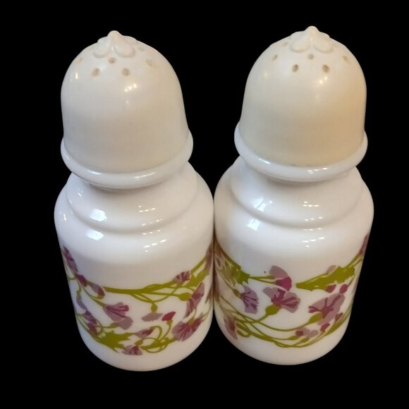 2pc Vintage Avon Milk Glass Shakers | Lilac Floral Kitsch Vanity Decor - Picture 3 of 12